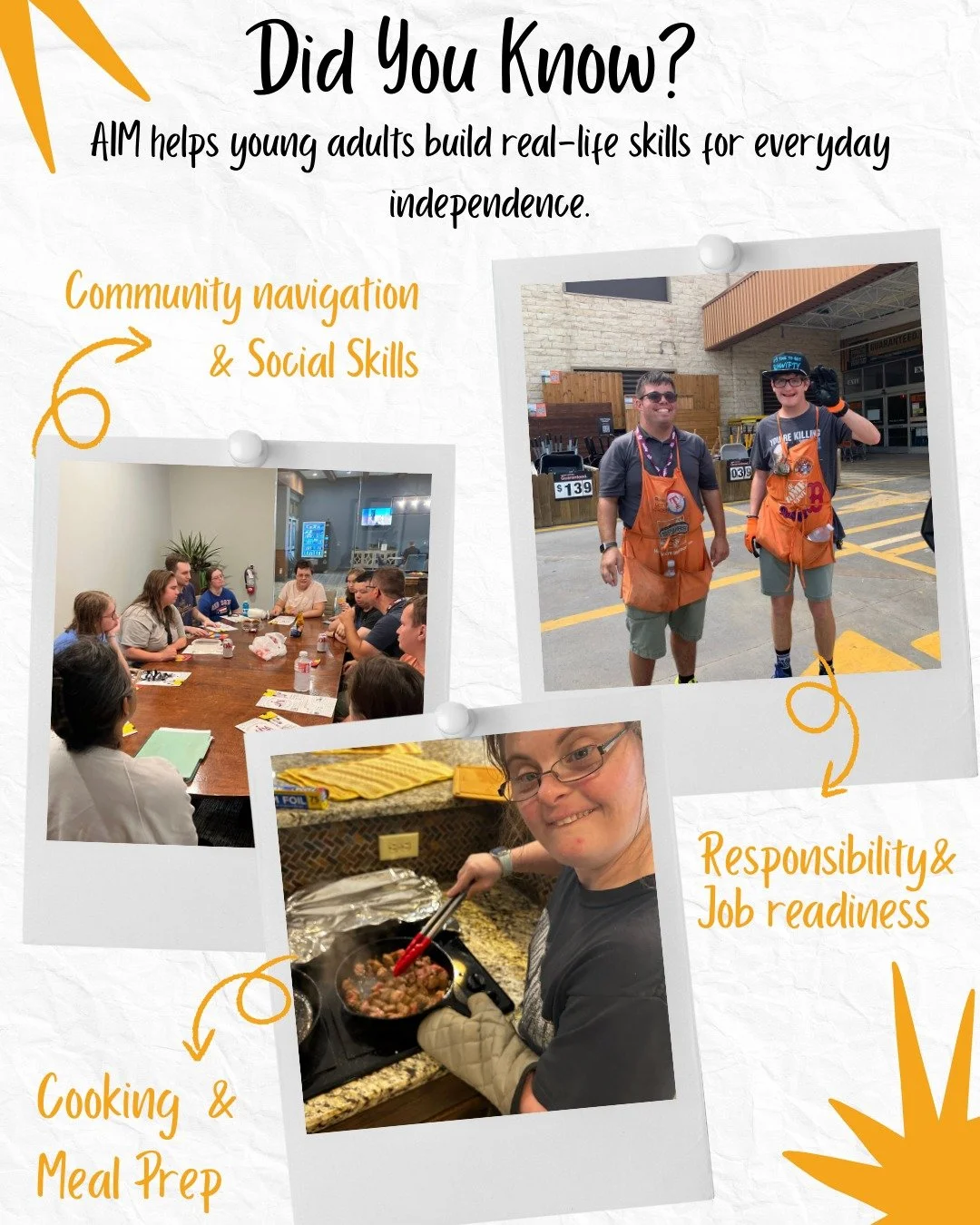 AIM helps young adults with disabilities build real-life skills that make everyday independence possible.

From cooking meals and managing routines to navigating the community and building confidence, AIMers are learning skills that help them thrive.