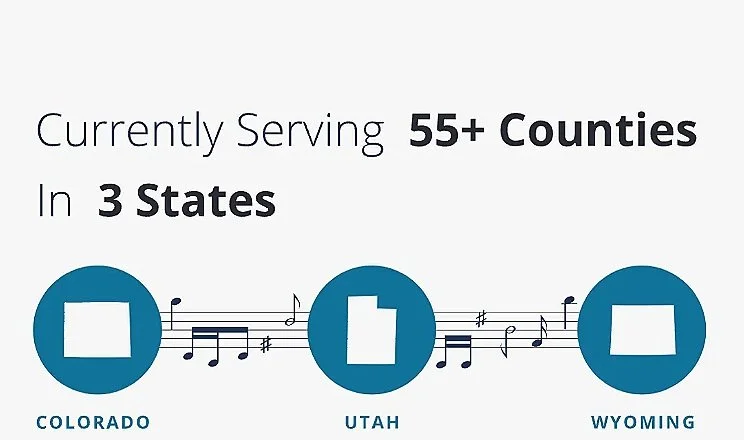 Infographic stating service in over 55 counties across Colorado, Utah, and Wyoming, with musical notes and state icons.
