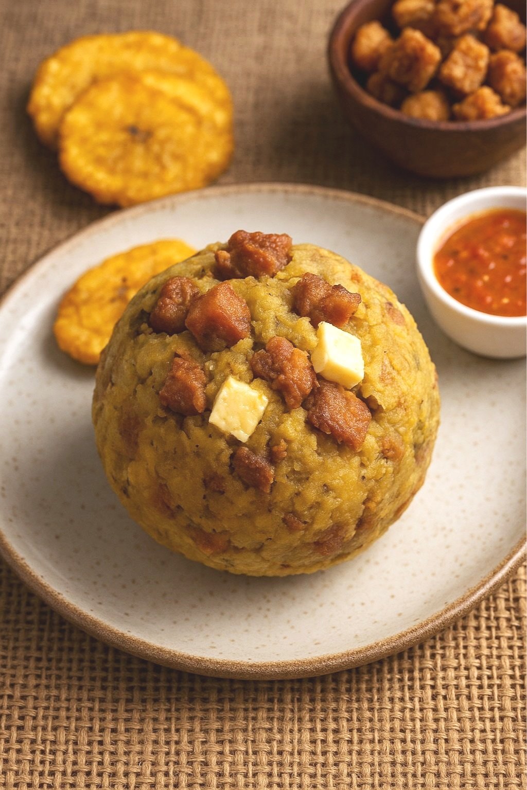 🍌 Green Plantain Bolón with Crispy Pork & Melty Cheese