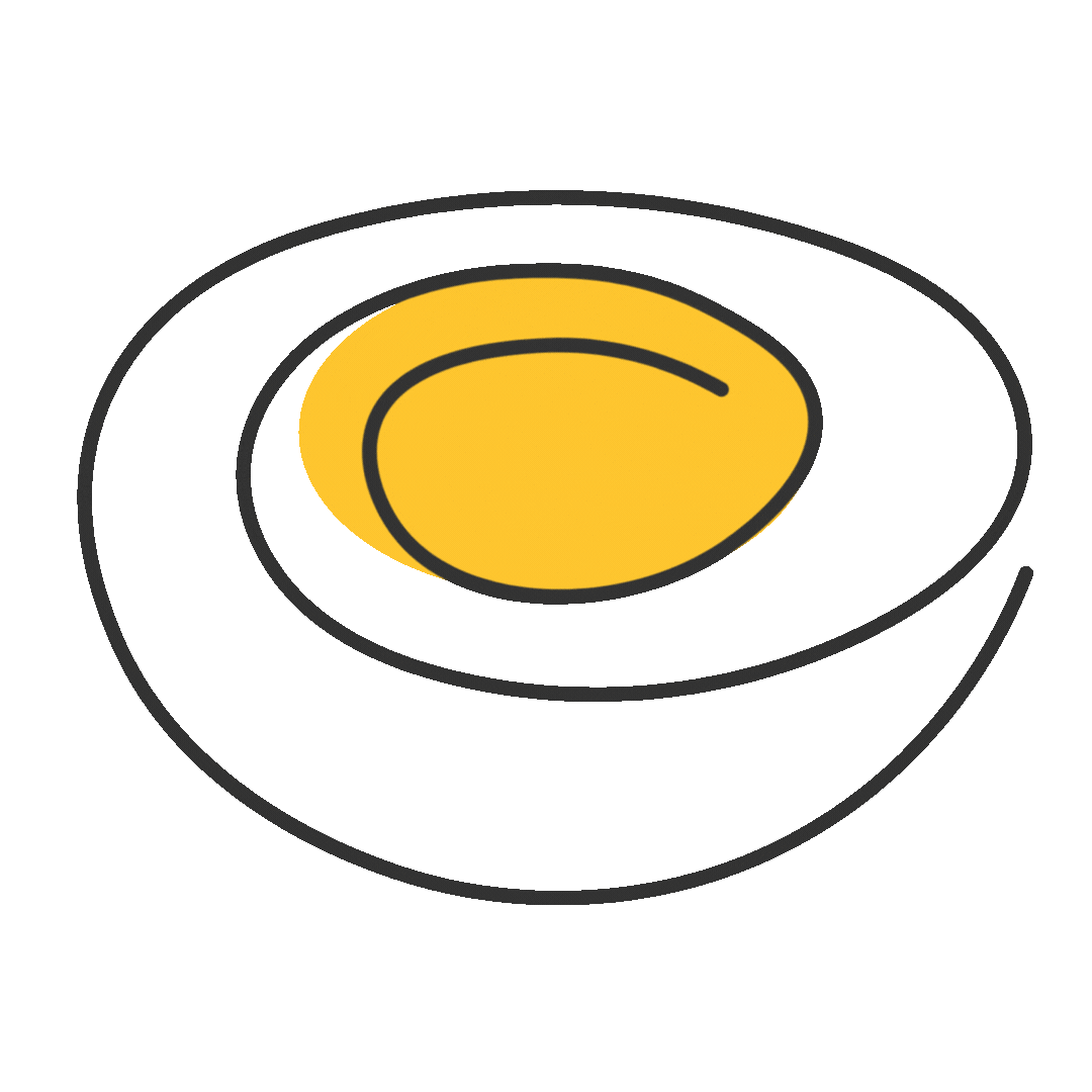 An animated illustration of a fried egg with a yellow yolk and a white surrounding, on a dark background.