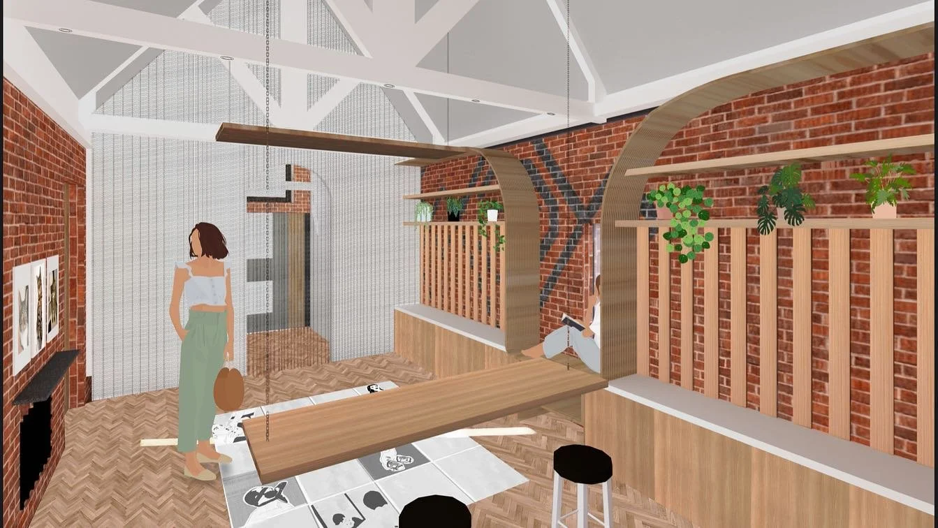 Mock visuals for my final year project, a space that connects the brands @moan_zine and Robin Hood Cat Rescue Nottingham.
@iadntu 
#interiorarchitecture #interiordesign #visualdevelopment #sketchupvray #architecture