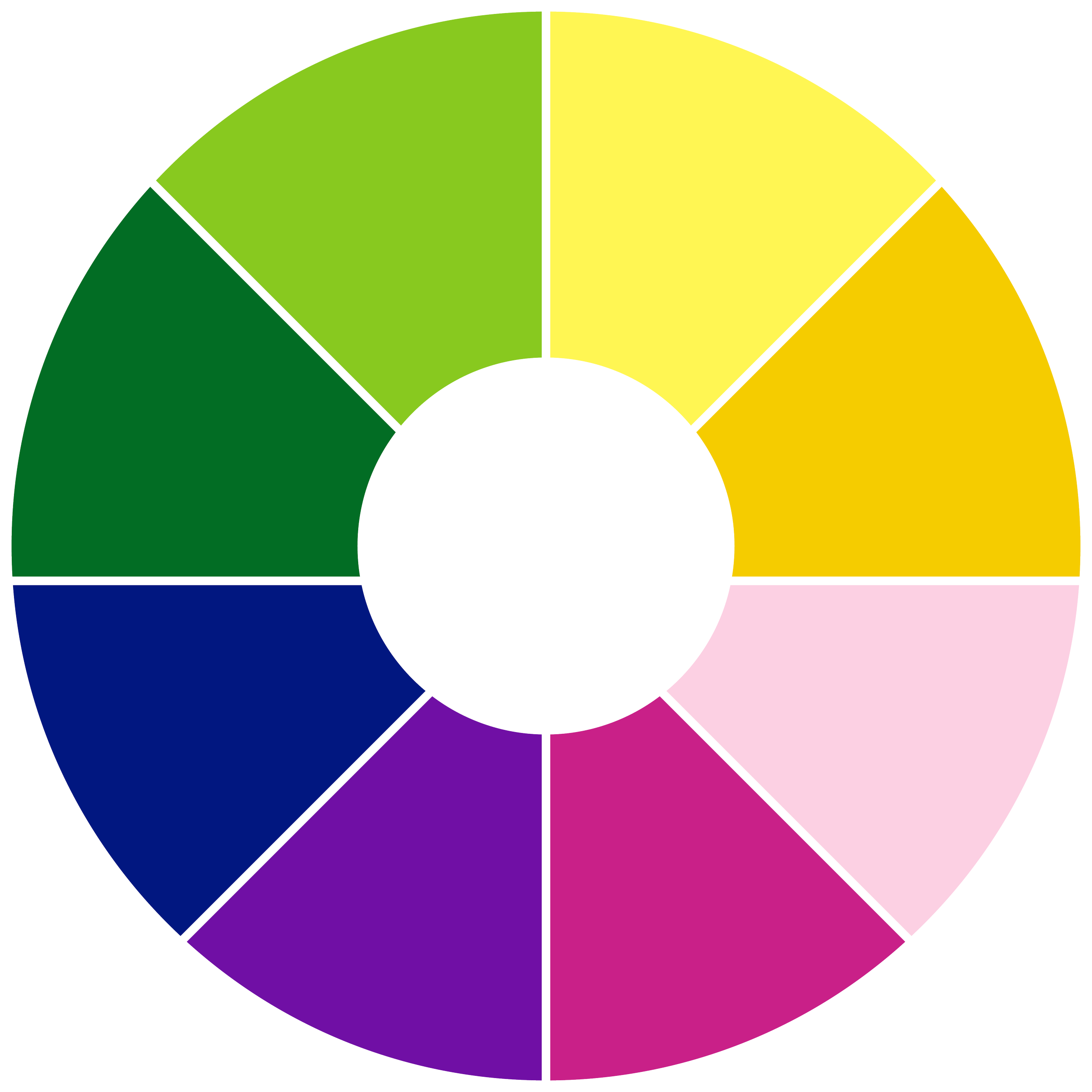 Color wheel with eight segments in shades of green, yellow, pink, blue, and purple.