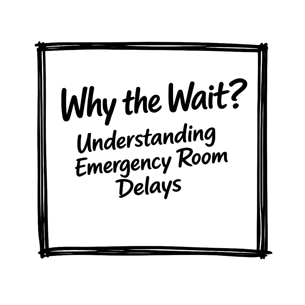 A chalkboard sign with the text 'Why the Wait? Understanding Emergency Room Delays' written on it.