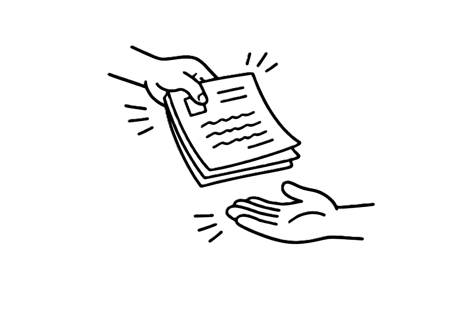 Line drawing of a person handing over a stack of documents to another person.