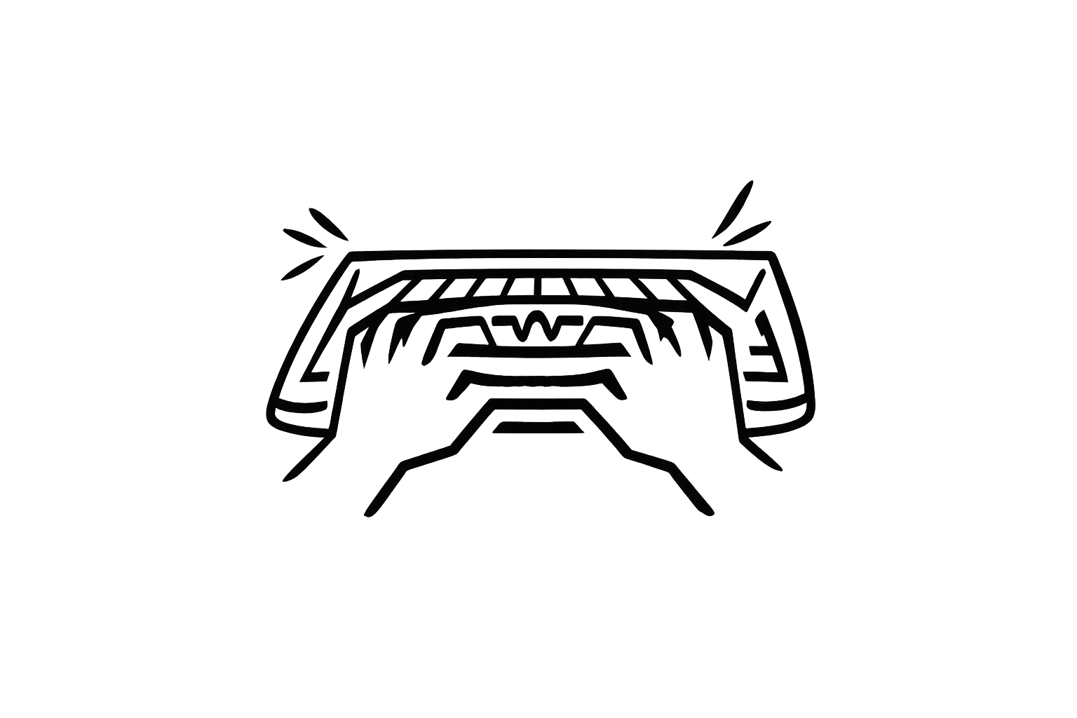 A stylized line drawing of a crab with claws raised and antennae on its head.