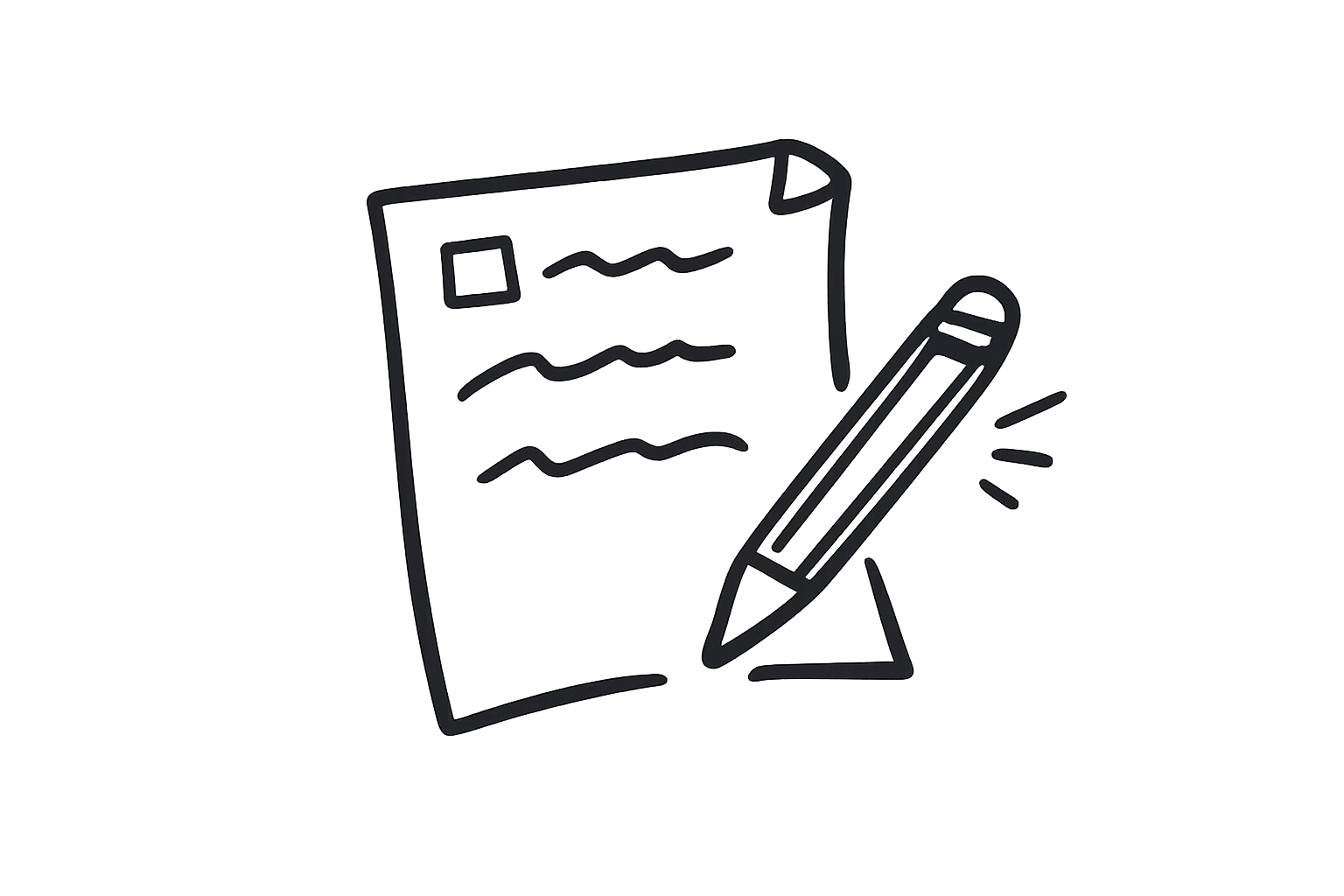 Line drawing of a piece of paper with writing lines, a small square, and a folded corner, with a pen leaning against it and a few lines indicating emphasis.