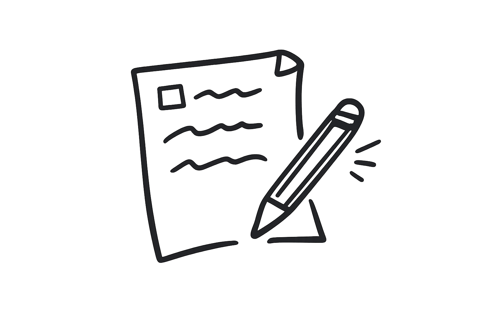 Line drawing of a notepad with scribbles and a pencil resting against it.