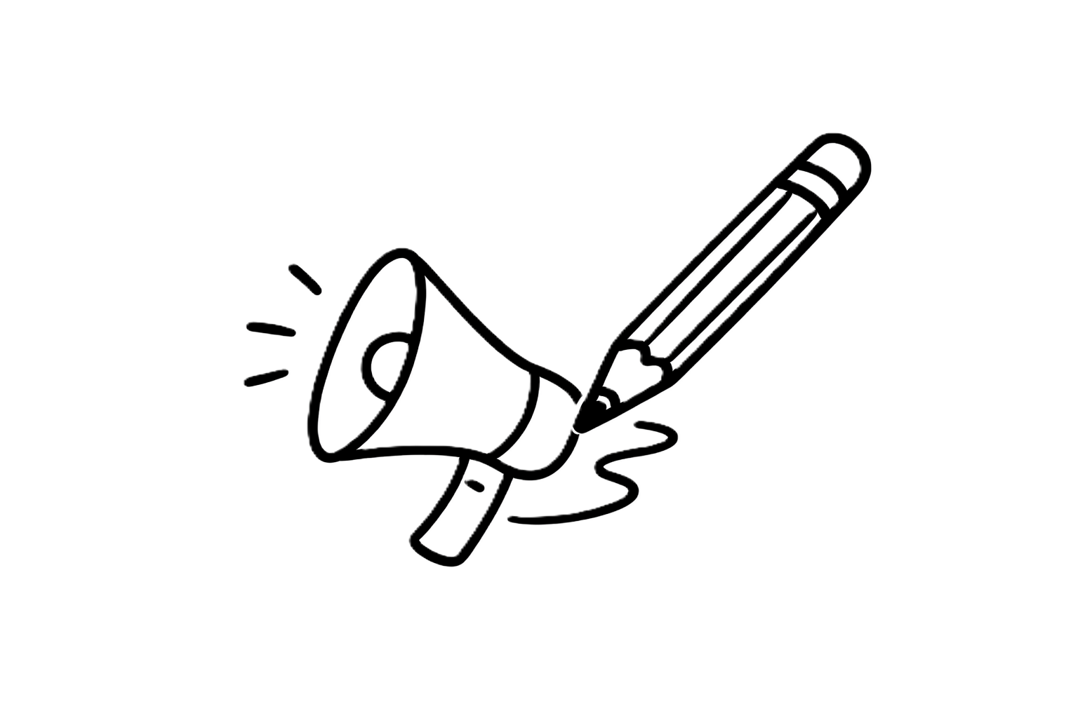 Outline drawing of a megaphone, a pencil, and a splash of liquid, with the megaphone and liquid connected by a line.