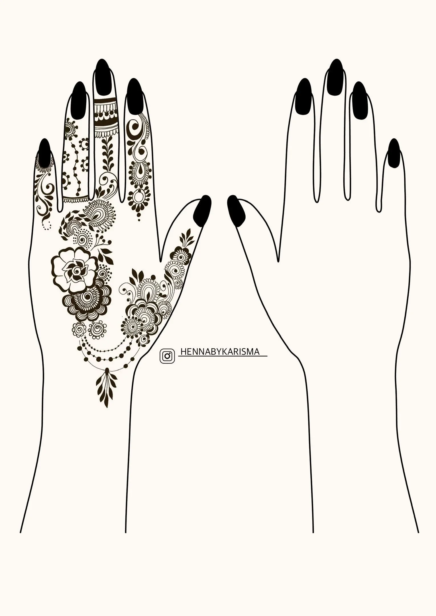 Two hands with black nails, one decorated with intricate henna designs, touching finger to finger.