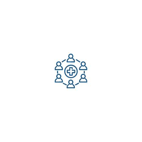 Icon representing healthcare teamwork with connected people around a medical cross symbol.