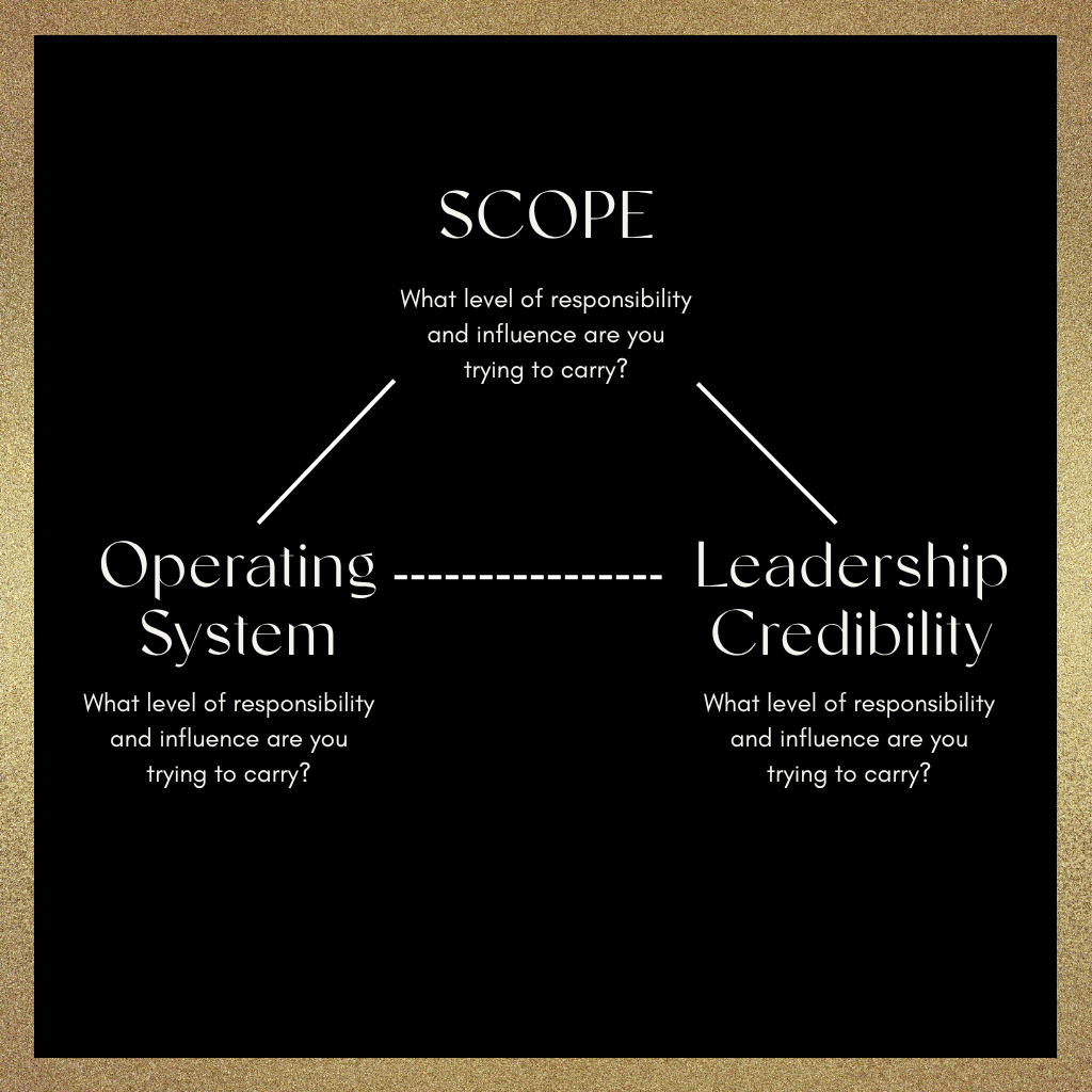 Triangle model showing physician leadership readiness as the alignment of scope, operating system, and leadership credibility.