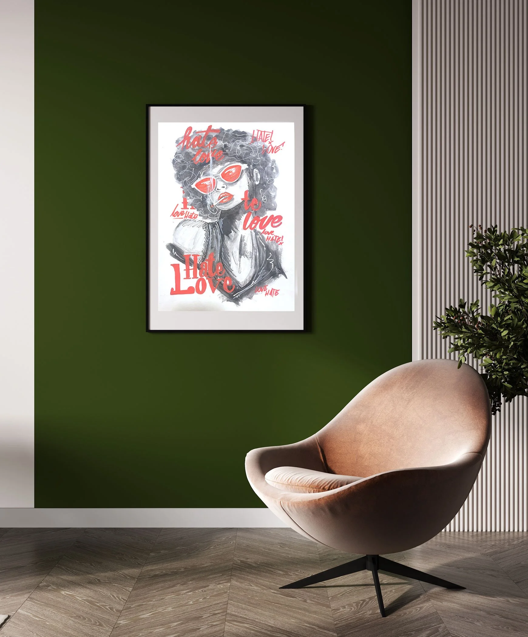 Moderner Raum mit grüner Wand, einem gepolsterten Stuhl in Beige und einer Pflanzenpflanze. An der Wand hängt ein Kunstbild mit einer schwarz-weißen Porträtzeichnung einer Frau in roten Sonnenbrillen, umgeben von roten Worten wie "hate", "love" und "Hate".