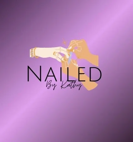 Logo for 'Nailed by Kathy' featuring an illustration of two hands with gold nails and rings, set against a purple background.