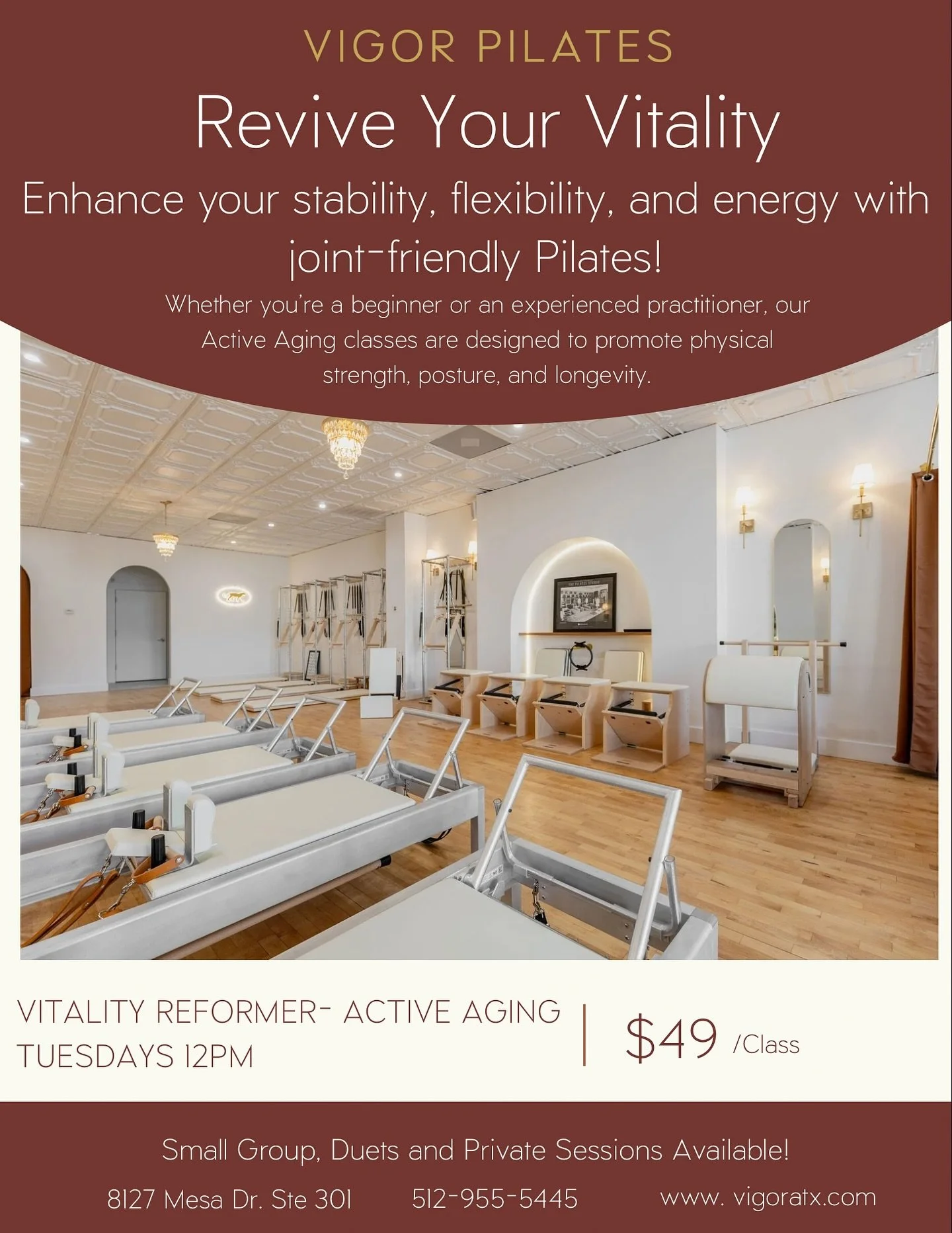 This Reformer-based class is designed for active older adults, and those with cleared injuries. This class focuses on building strength, improving balance, enhancing posture, and maintaining mobility for everyday life. 
Grounded in the classical Pila