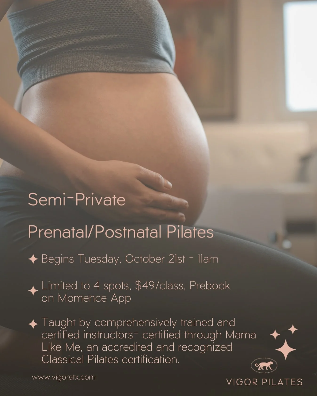 New Class Alert✨
Semi-Private Pre/Post Natal Pilates begins Tuesday, October 21st. Limited to 4 spots&mdash;available to pre book through Momence.

#Pilates #ClassicalPilates #PrenatalPilates #PostnatalPilates #AustinPilates