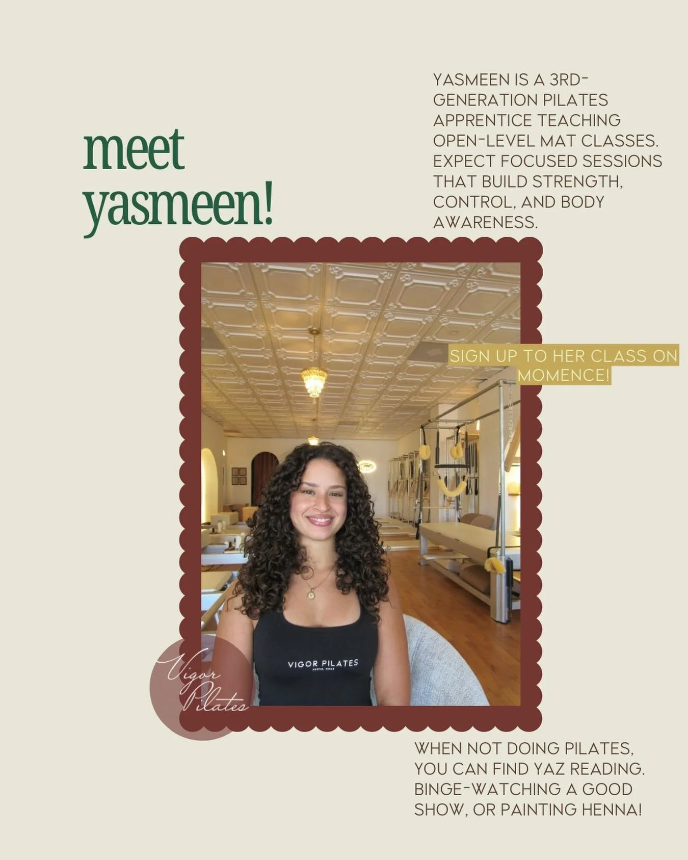Meet Yasmeen ✨

Our newest Vigor apprentice is officially stepping into the teaching seat. As a 3rd-generation Pilates apprentice, Yasmeen is bringing the work she&rsquo;s been studying into our open-level Mat classes&mdash;with an emphasis on streng