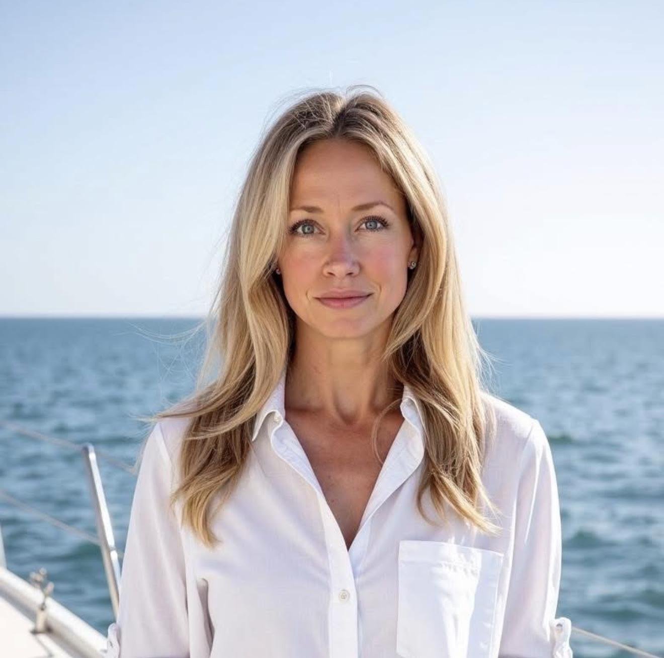 A woman with blonde hair and blue eyes wearing a white button-up shirt, standing on a boat with the ocean in the background on a sunny day.