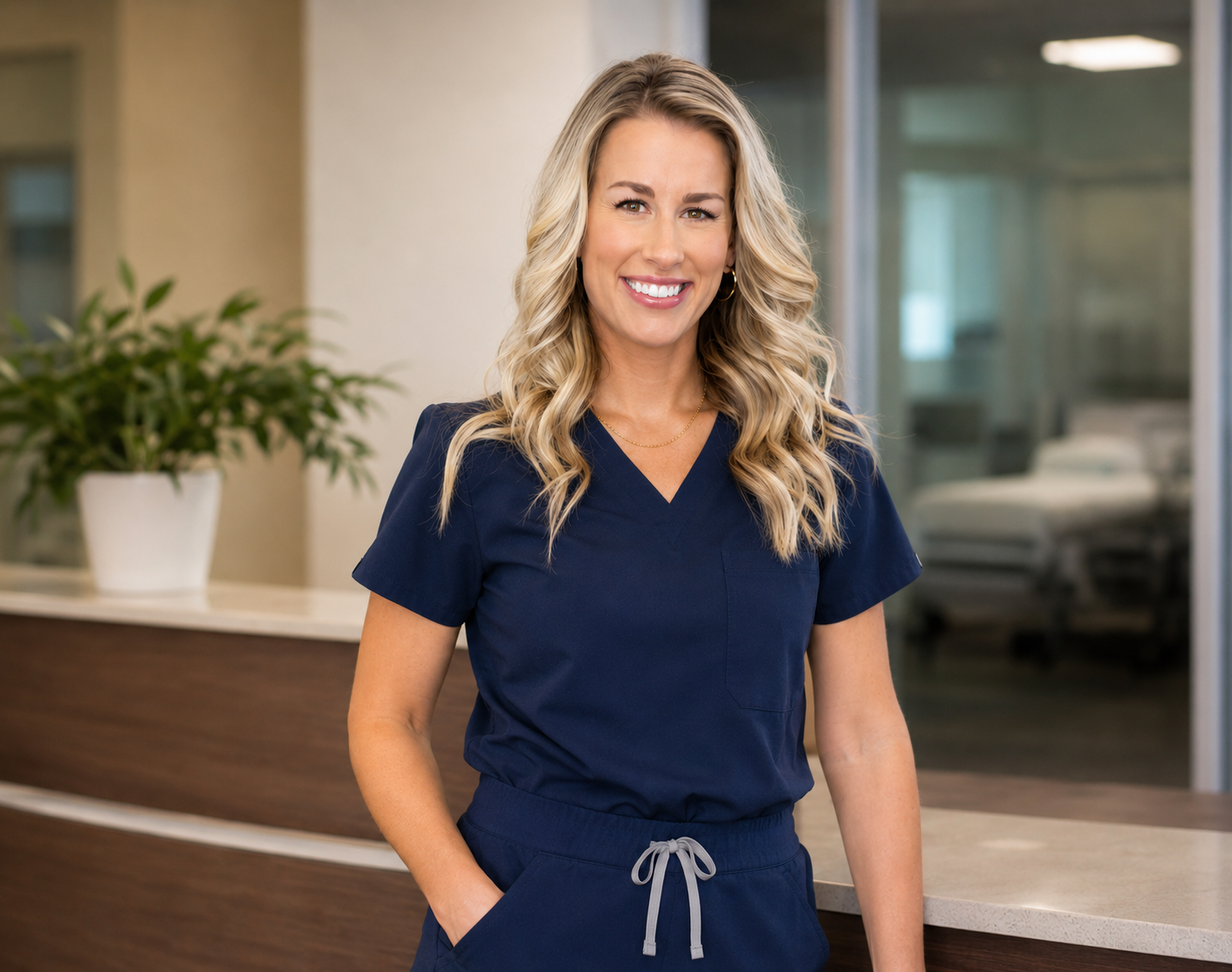A smiling woman wearing navy scrubs standing in a modern medical reception area with a countertop and a potted plant.
