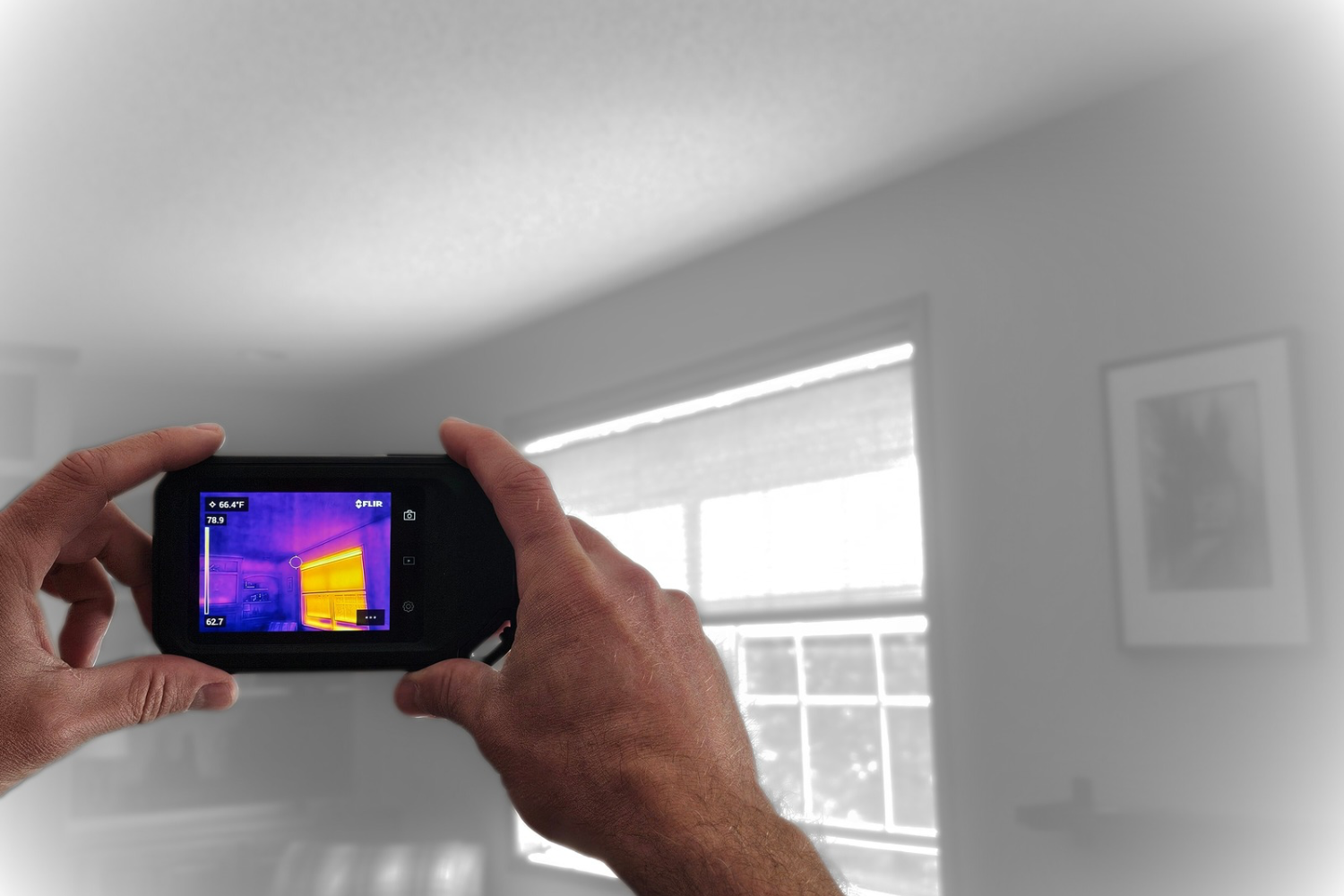 Home inspector using a FLIR thermal camera to check a wall for moisture and missing insulation in a Minnesota home.