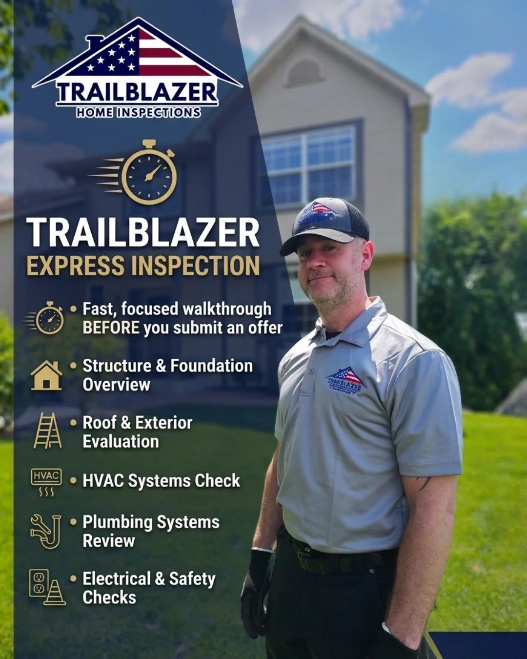 Introducing the Trailblazer Express Inspection. 🚀

Planning to waive your inspection contingency to stay competitive? We&rsquo;ve got your back. Our Express Inspection is a focused, professional walkthrough performed before you submit your offer.

W