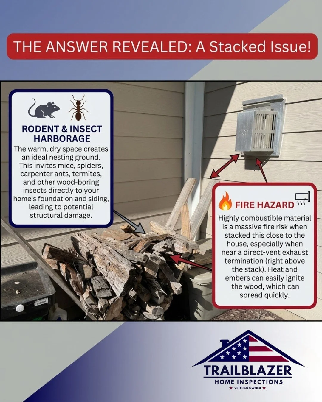 The reveal is here!  Let's discuss two major red flags when firewood is stacked too close to your home.

Rodent &amp; Insect Harborage: This warm, dry pile is the perfect nesting spot for pests like mice, spiders, carpenter ants, and termites, inviti