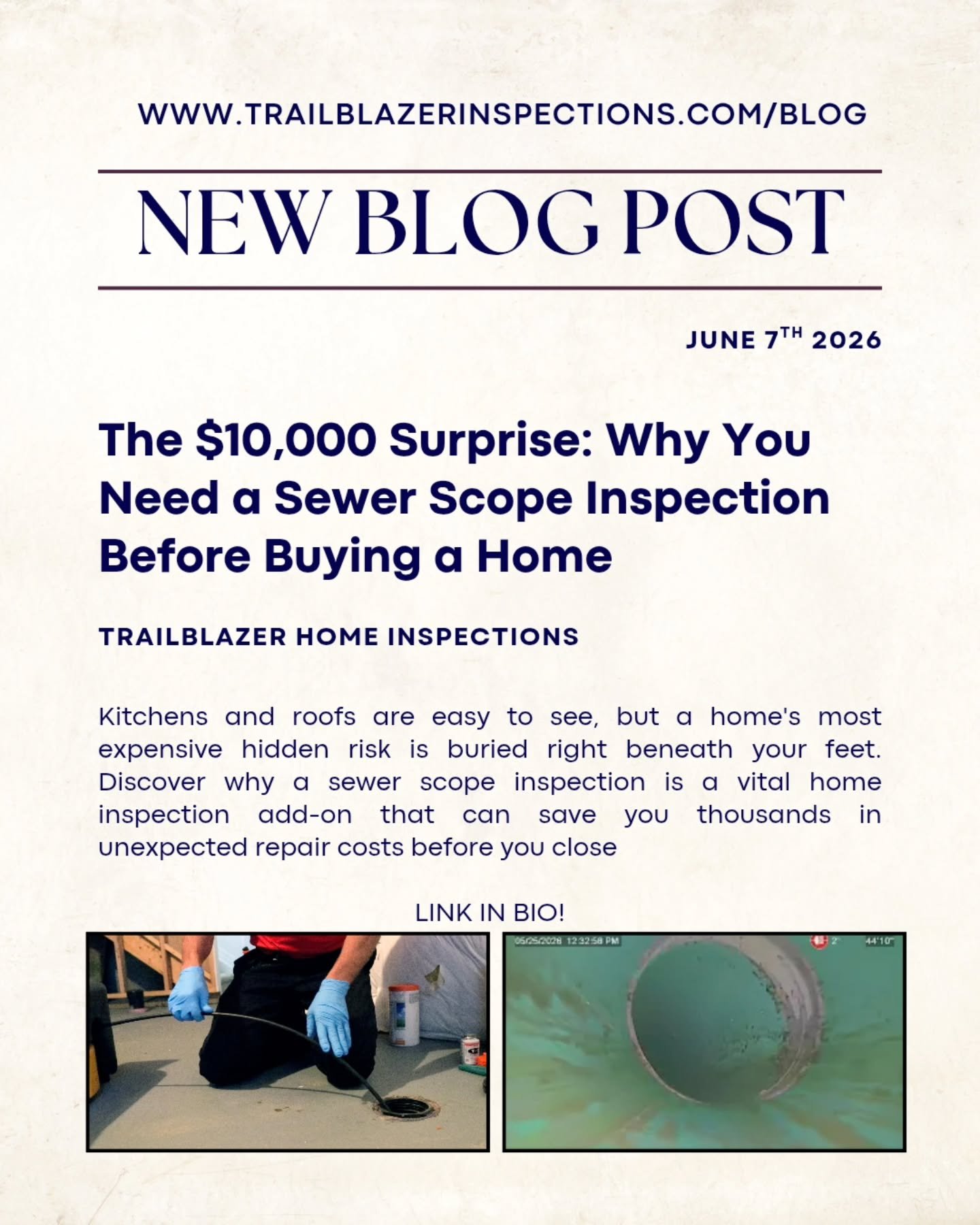 What&rsquo;s hiding under your dream home? 🏠🔍 Out of sight shouldn&rsquo;t mean out of mind! Our latest blog post dives deep into why a Sewer Scope Inspection is one of the most critical steps you can take before buying a home in Minnesota.

​From 
