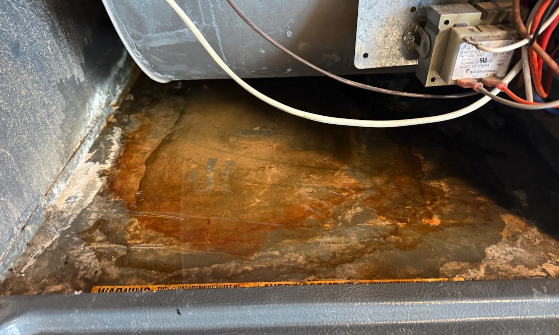 Water pooling at the bottom of a residential gas furnace cabinet beneath the blower motor due to an AC condensate drain line leak..png