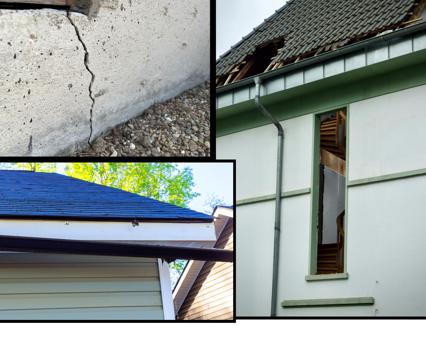 Collage showing structural home defects: a large foundation wall crack in Farmington MN, a broken tiled roof section, and an overflowing roof gutter. These are the Big 5 issues covered during a Trailblazer Home Inspections Express Walkthrough.