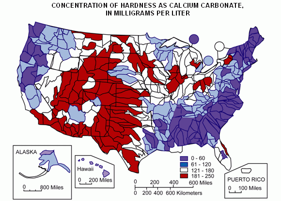 Map showing water hardness levels across the US, highlighting high calcium carbonate concentrations in Minnesota and the Midwest.