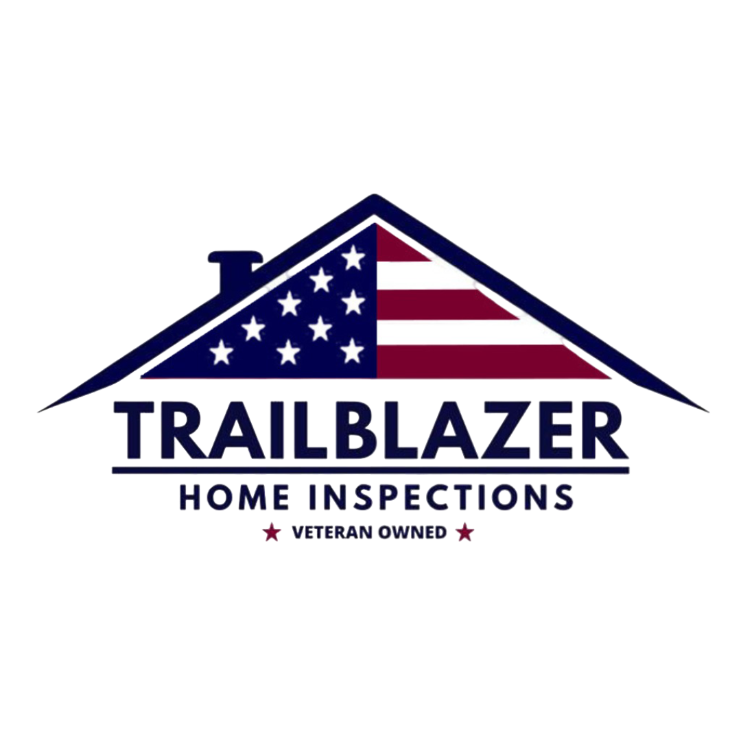 Logo for Trailblazer Home Inspections with American flag design inside a house roof, and text indicating veteran ownership.