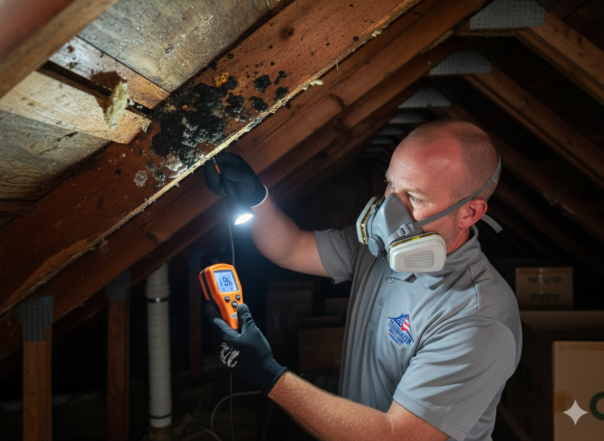 Trailblazer Home Inspections expert using a flashlight to identify household mold and moisture issues during a home inspection.