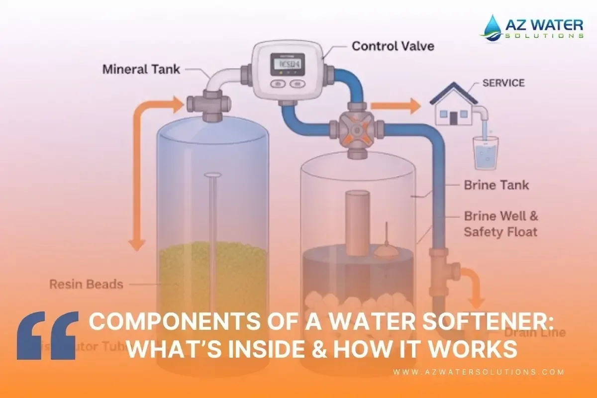 An educational diagram showing the internal components of a residential water softener system, including the mineral tank with resin beads, brine tank, and control valve, used to explain how hard water is treated in Minnesota homes.