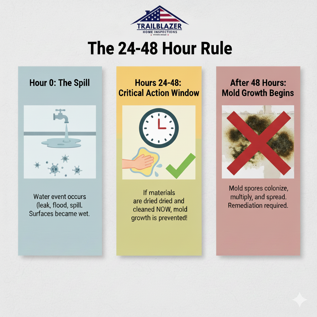 Mold growth timeline showing the critical 24 to 48 hour window for preventing mold after a water event.