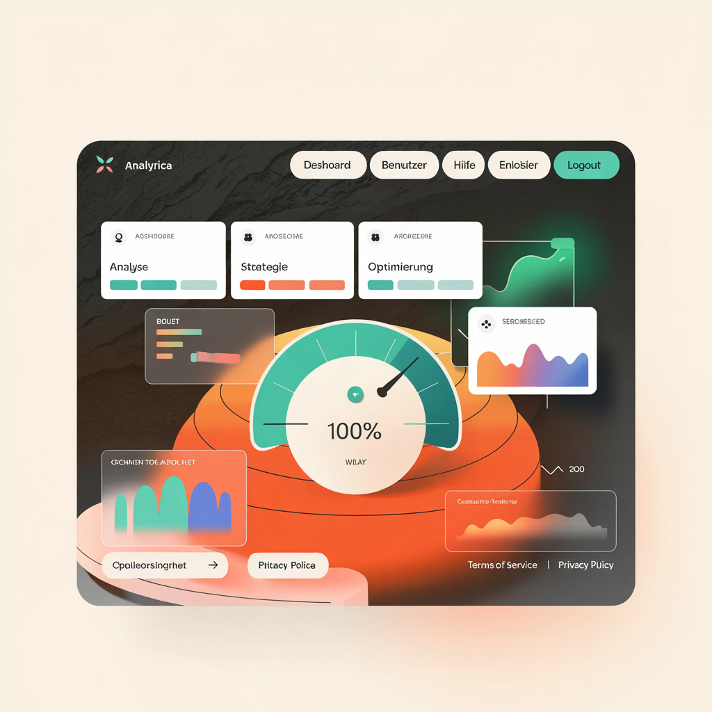 Digitale Benutzeroberfläche mit Analyse- und Optimierungsdiagrammen, Navigationsmenü und zentraler Anzeige mit 100% Fortschritt – steht für Noevus effiziente Tools zur Analyse, Optimierung und Erfolgskontrolle Eurer digitalen Projekte.
