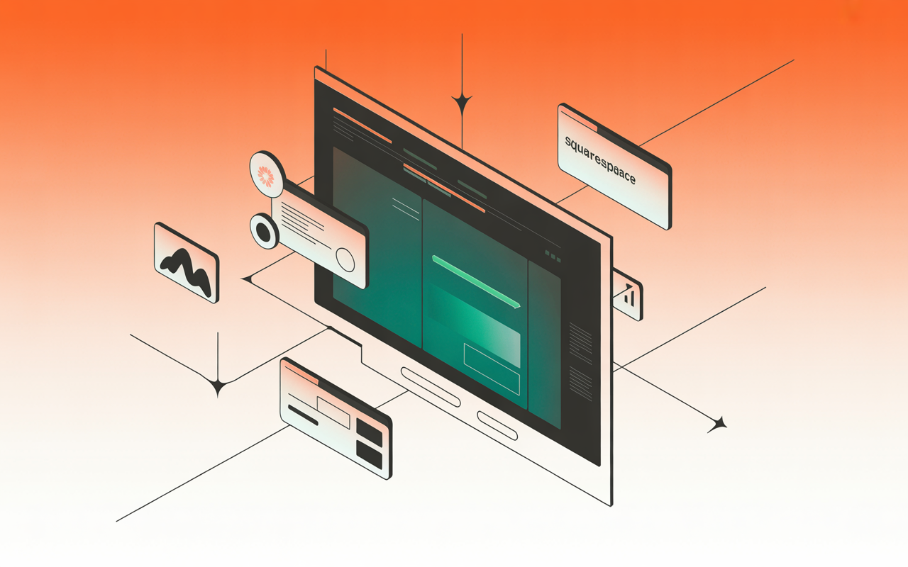 Computerbildschirm mit digitalen Elementen, Browser-Tabs und Squarespace-Logo – symbolisiert Noevus moderne, vielseitige Weblösungen für Euren Online-Erfolg.