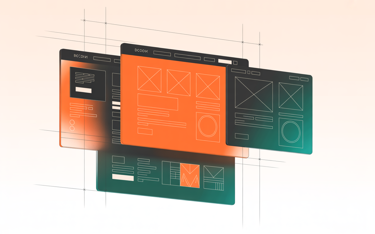 Grafische Darstellung von Webdesign-Layout-Entwürfen mit mehreren transparenten Browserfenstern in Orange und Blau auf hellem Hintergrund – zeigt, wie Noevu durch kreative und nutzerorientierte Webdesign-Lösungen Eure Online-Präsenz klar strukturiert