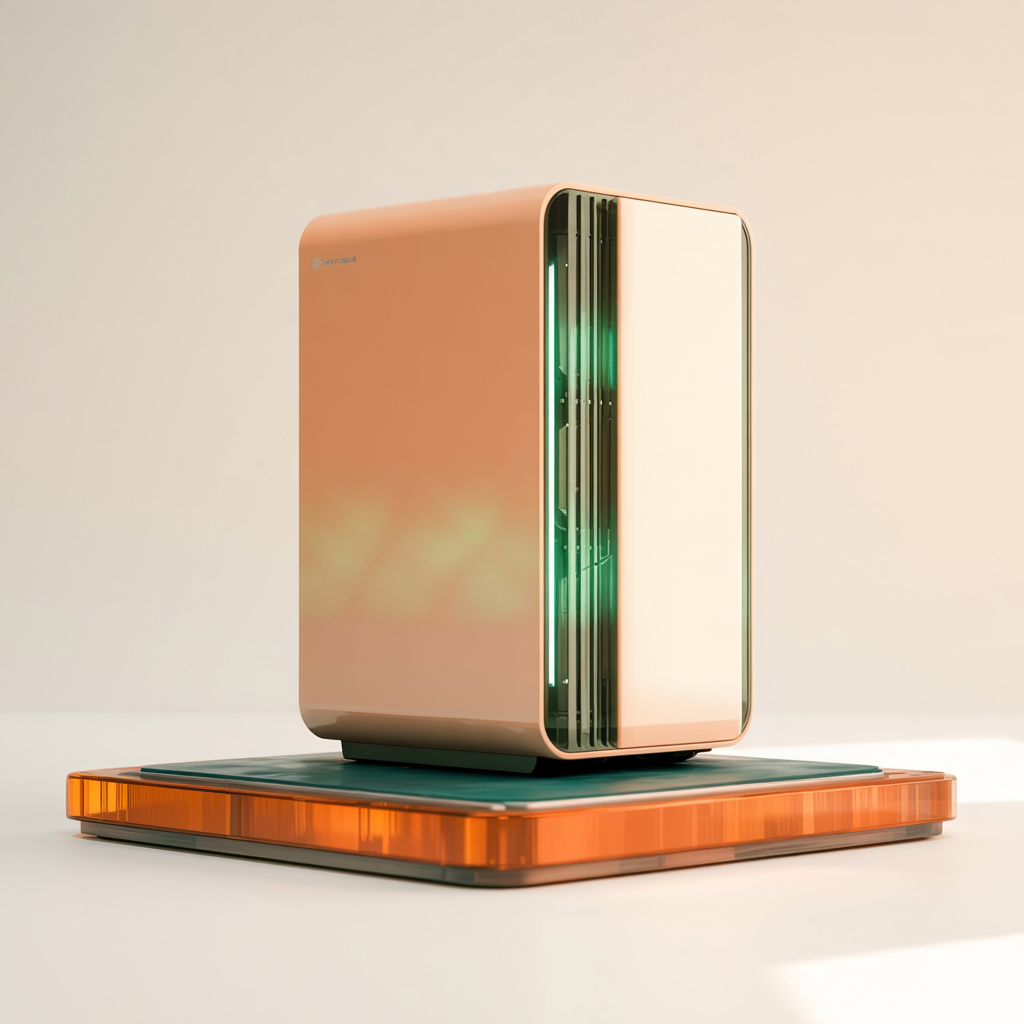 Modern server with glossy surface on black base and white table, with orange light reflex - stands for Noevus innovative technology solutions that offer you a secure and powerful digital infrastructure.