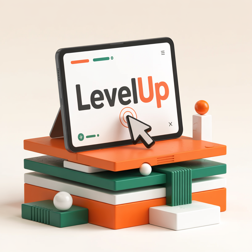 Digital tablet with the inscription "Level Up", surrounded by colorful geometric shapes and blocks - stands for Noevu's tailor-made web design, clear strategy and targeted content that promotes your digital growth.