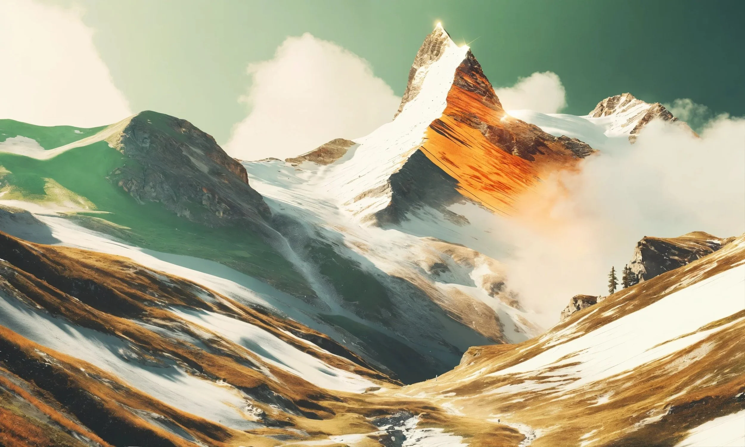 KI Implementierung und Effizienzsteigerung für KMU, Schweiz — Weite Bergkulisse mit hellen Wolken und grünen Hängen, Fokus auf nachhaltige Optimierung