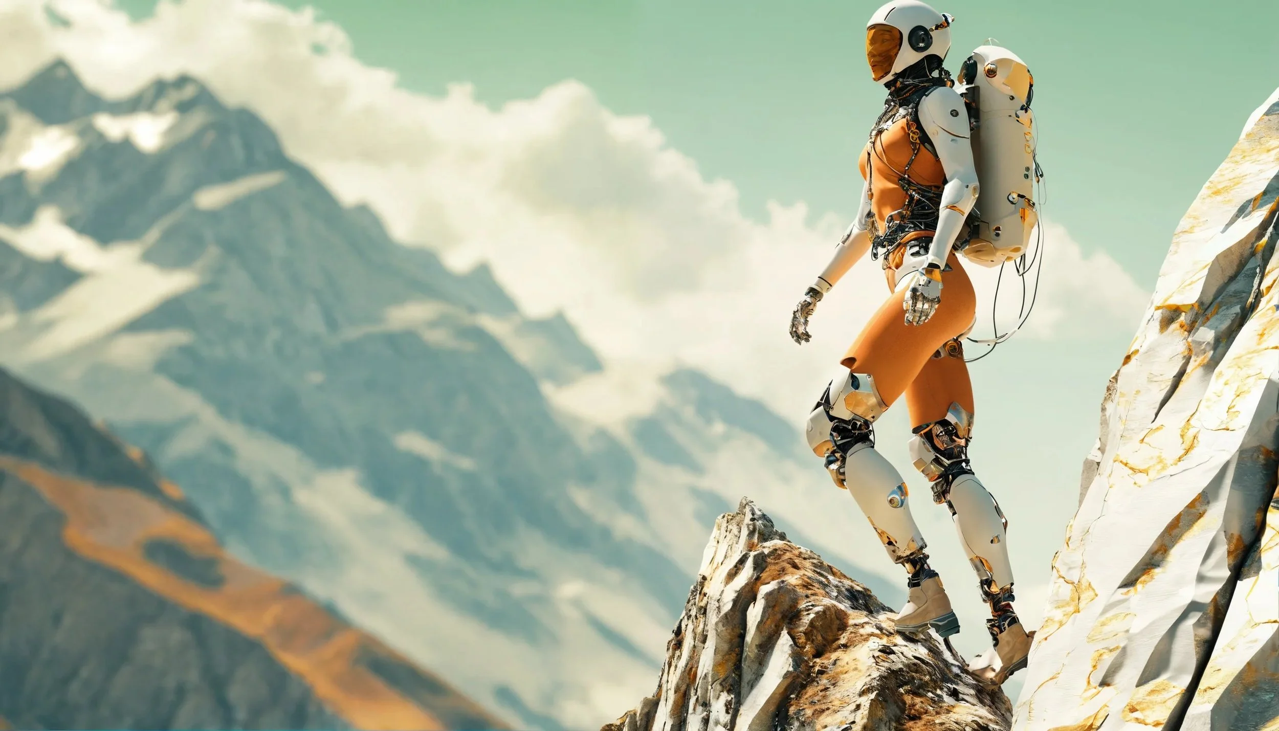 Ein humanoider Roboter mit einem Rucksack schreitet auf einem Felsen in den Bergen. Im Hintergrund sind schneebedeckte Gipfel und Wolken am Himmel sichtbar.