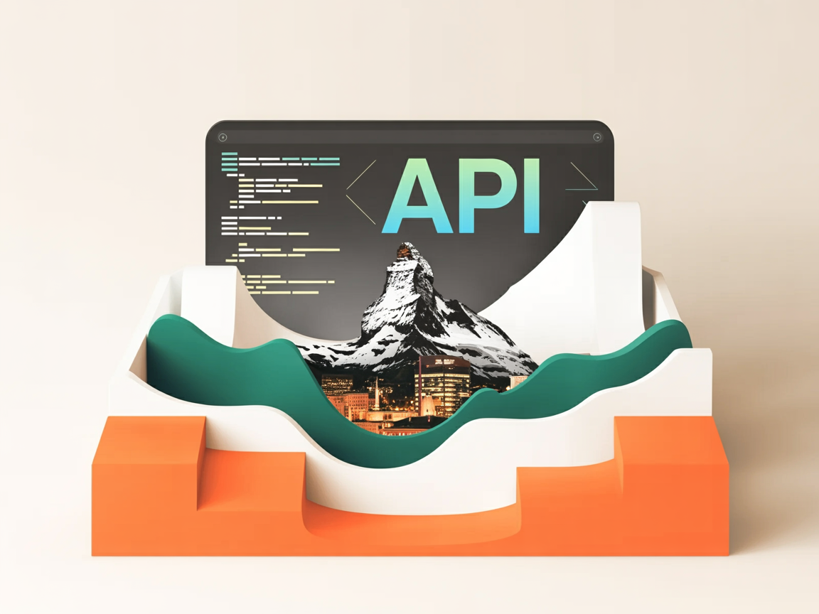 Künstlerische Darstellung einer API mit Bergen, Stadtszene und Computer-Code in schlichtem Design – steht für innovative, nahtlose Schnittstellen-Lösungen von Noevu.