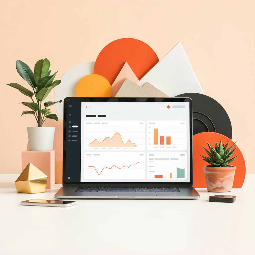 Laptop with charts and graphs, surrounded by plants and office supplies - stands for Noevus solutions that give you clarity and success through data-driven analytics.