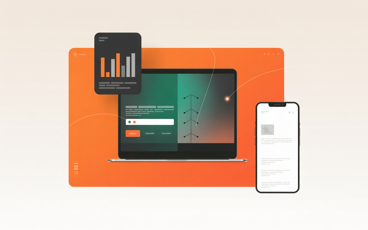 Laptop mit grafischen Daten, Smartphone mit Text und Chart-Infografik – alles in orangefarbenem Design, steht für Noevus vernetzte, nutzerfreundliche Digital-Lösungen.