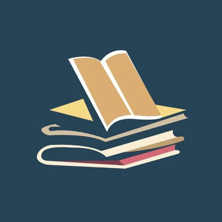 Illustration of an open book on a stack of closed books with a dark background.