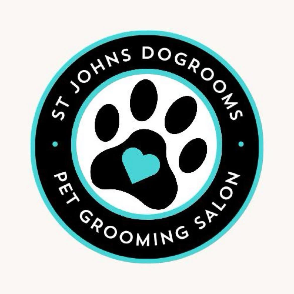 Logo with black paw print and teal heart inside a circle, labeled "St Johns Dogrooms Pet Grooming Salon."