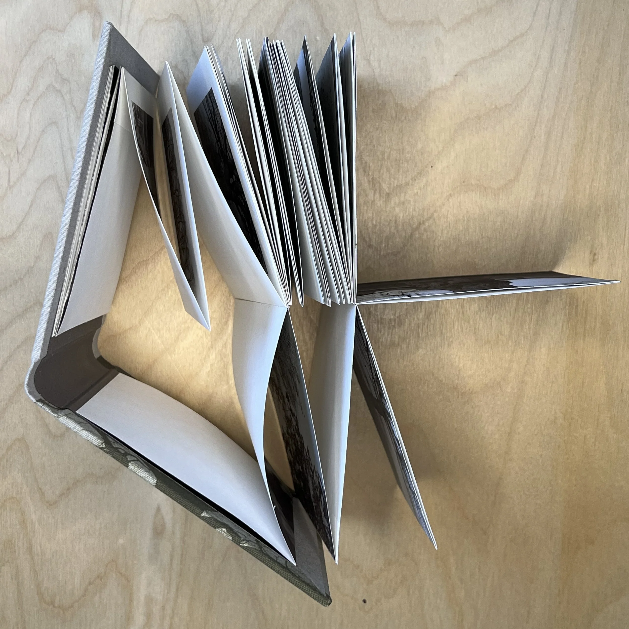 Open photo album on a wooden surface showing multiple black and white photographs inside.