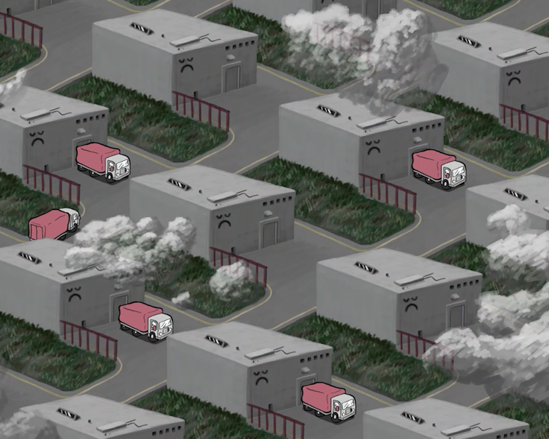 A cartoon illustration of multiple gray buildings with sad faces and fenced yard areas, some with pink trucks emitting smoke or steam.