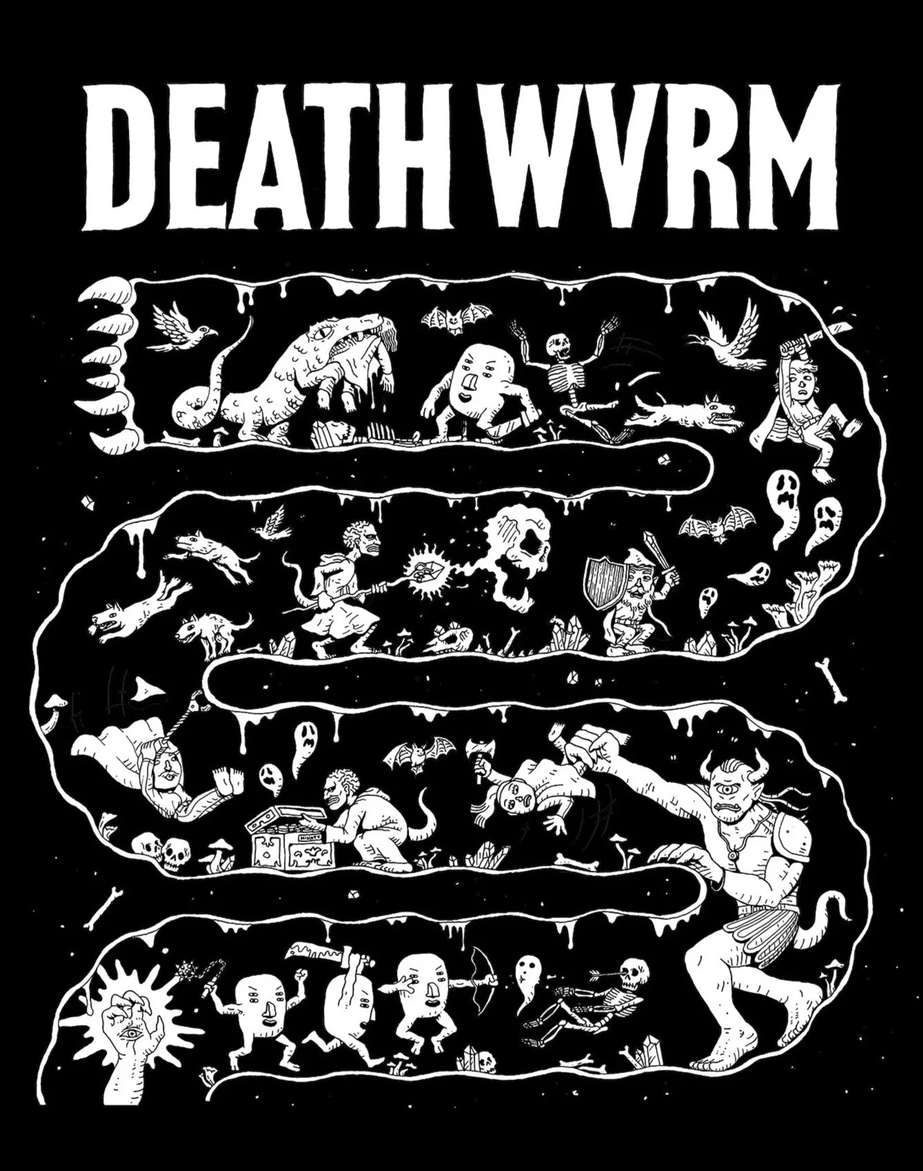 Black and white illustration titled 'Death Wurm' depicting a multi-layered, worm-like creature with various playful and fantasy characters, including monsters, warriors, and mythical beings, within its segmented body.