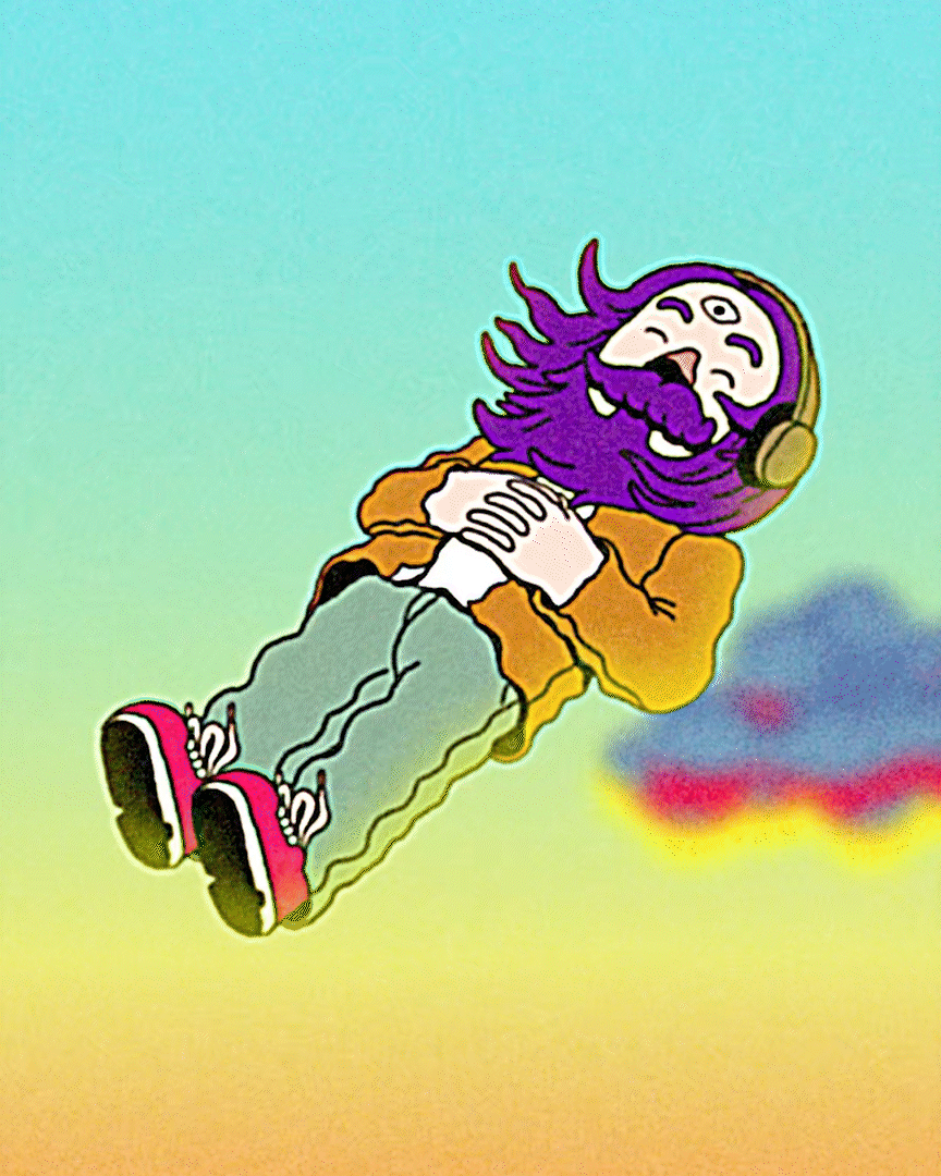 A cartoon character with purple hair and beard, headphones, wearing a yellow jacket, gray pants, and red shoes, is happily flying through the sky with a rainbow-colored trail behind him.