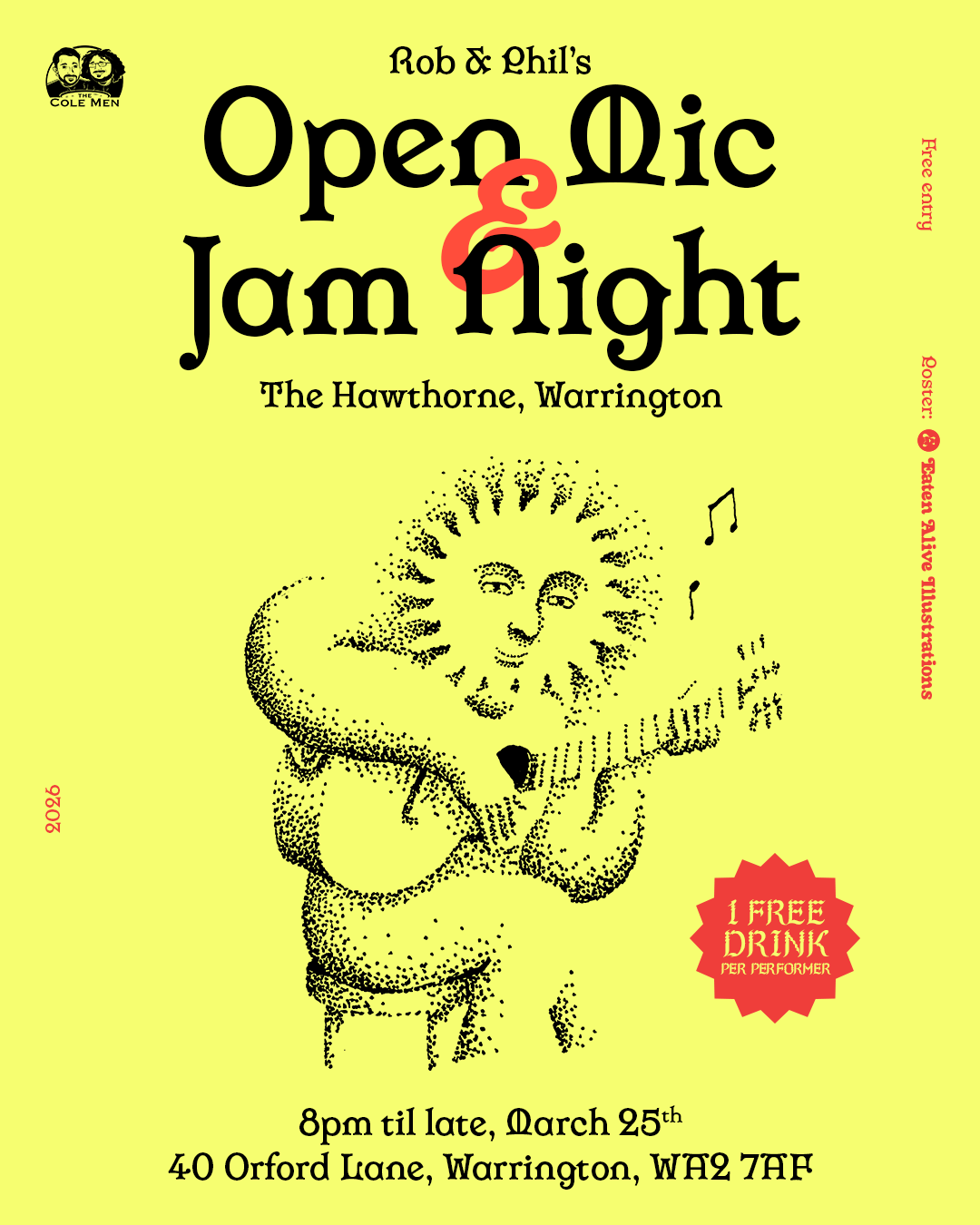 Poster for Rob and Phil's Open Mic and Jam Night at The Hawthorne, Warrington, on March 25, 2026, from 8 pm until late. Includes a drawing of a person with a sun-like face playing a guitar. Features free entry and one free drink per performer. Small 